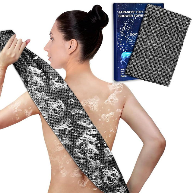Adanluxe Exfoliating Washcloth Shower Towels, Premium Japanese Exfoliating Body Scrubber, Upgraded Loofah Sponge Rich in Silver Ion and Carbon Fiber, Face & Body Scrub Exfoliator with 2 Levels, Longer