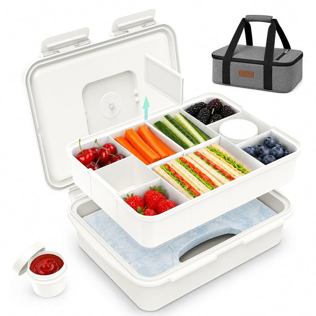 Caperci Snackle Box Container with Ice Pack - 90oz Divided Snack Tray | Travel snack box with lid & 8-10 adjustable compartments, insulated bag & 2 airtight sauce cups. BPA-free & dishwasher safe.