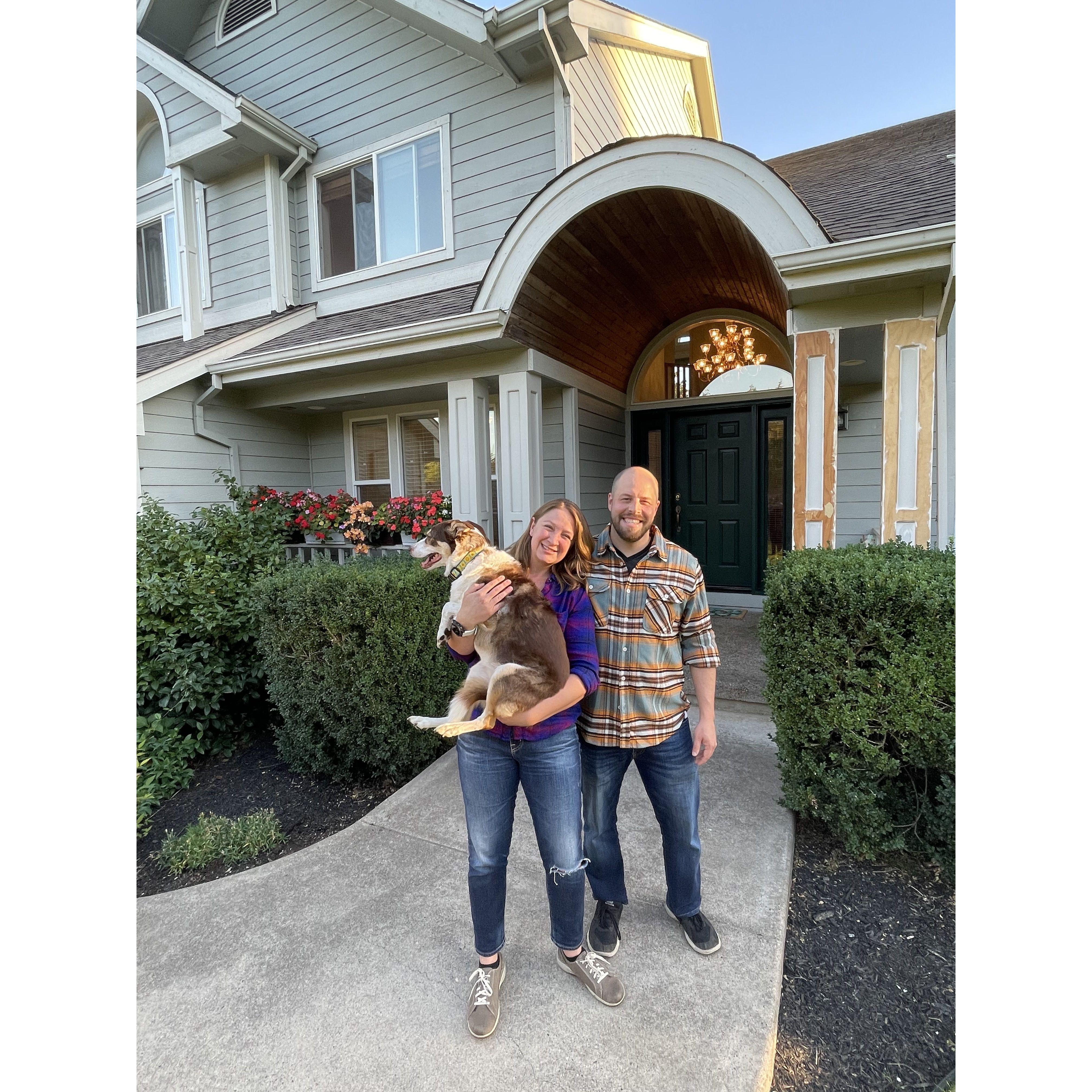 First family photo in front of the new house after getting our keys. She sure is beautiful, if you can see past the exposed raw plywood! Anna and Peter love house projects.