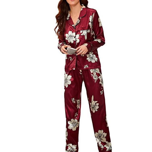 Milumia Women's Pajamas Set Floral Print Button Down Satin Sleepwear Long Sleeve Nightwear Pants Loungewear