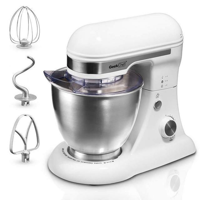 Geek Chef Mini 4-in-1 Stand Mixer: Multi-function, 2.6 Quart Stainless Steel Bowl, 7 Speeds with pulse, Die-cast Tilt Head. Includes Pouring Shield, Beater, Whisk and Dough Hook(White)