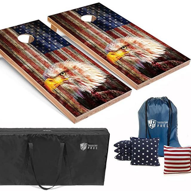 Tailgating Pros Regulation Cornhole Boards Flag Set - Includes 8 Bean Bags, Carrying Cases, and 4'x2' Corn Hole Toss Game - Optional LED Lights