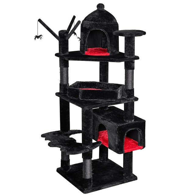 BEWISHOME Large Gothic Cat Tree with Coffin Bed, 63" Multi-Level Goth Cat Tree Tower for Large Cats with Cat Condo, Scratching Posts, Cat Activities Center Halloween Pet Furniture Black MMJ96R