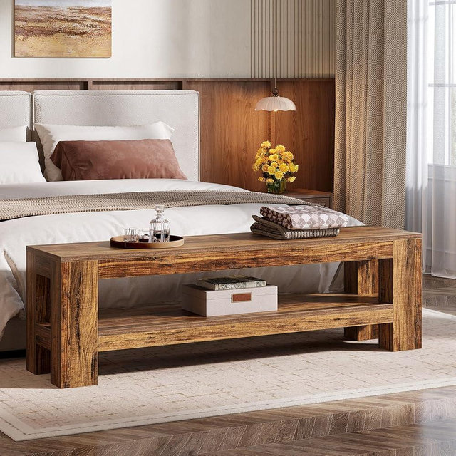 Tribesigns 59" Wooden Entryway Bench with Storage Shelf, Farmhouse Indoor Console Shoe Bench for Bedroom, Hallway, Kitchen, End of Bed (Rustic Brown)