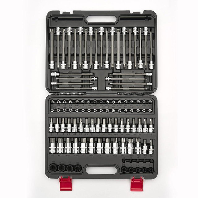 KOOPOOL 107-Piece Allen and Torx Bit socket Set, 1/4", 3/8" and 1/2" Drive, Hex/Long Torx/Tamper Torx/Long Ball End Bits, E-Torx Socket, SAE & Metric, S2 Steel Bits with Storage Box