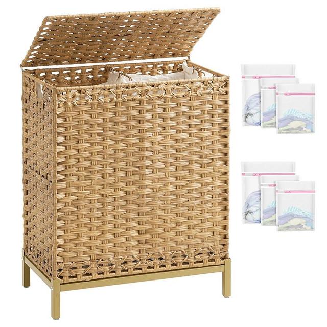 SETVSON Laundry Hamper with Lid, 112 L Handwoven Rattan Wicker Laundry Basket, 2 Removable Liner Bags Metal Heightened Feet, 6 Mesh Bags, 2 Section Large Clothes Hamper for Bathroom Bedroom, Natural