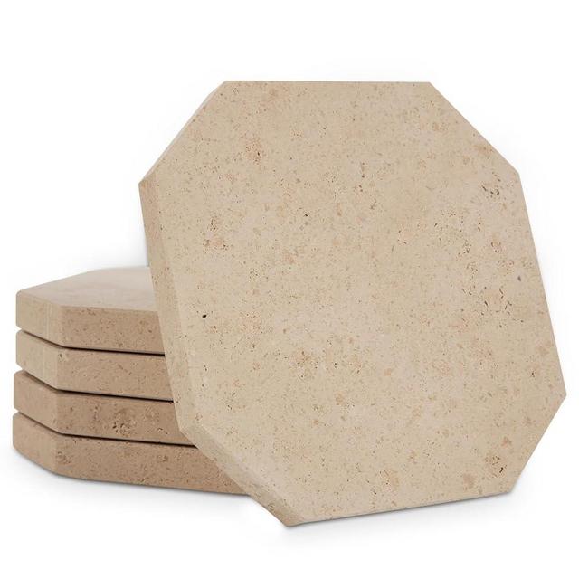 WORHE Marble Coaster Set of 5 Polygon Natural Cream Travertine Stone Drink Coaster for Table Protection Housewarming Gift Bar Coaster Decoration Gift for Christmas Birthday Anniversary (WH018)