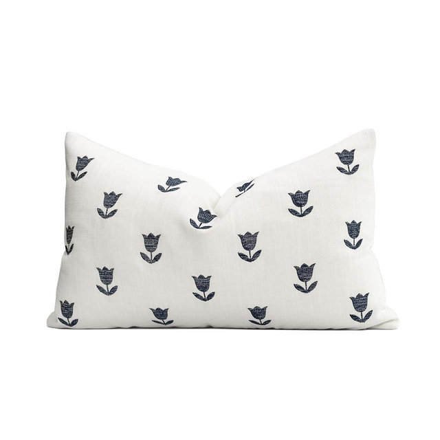 Crumbs Home Coastal Linen Indoor Outdoor Lumbar Pillow Cover Only, 12"x20" Water Repellent for Patio, Backyard, Couch, Neutral Dark Navy Floral