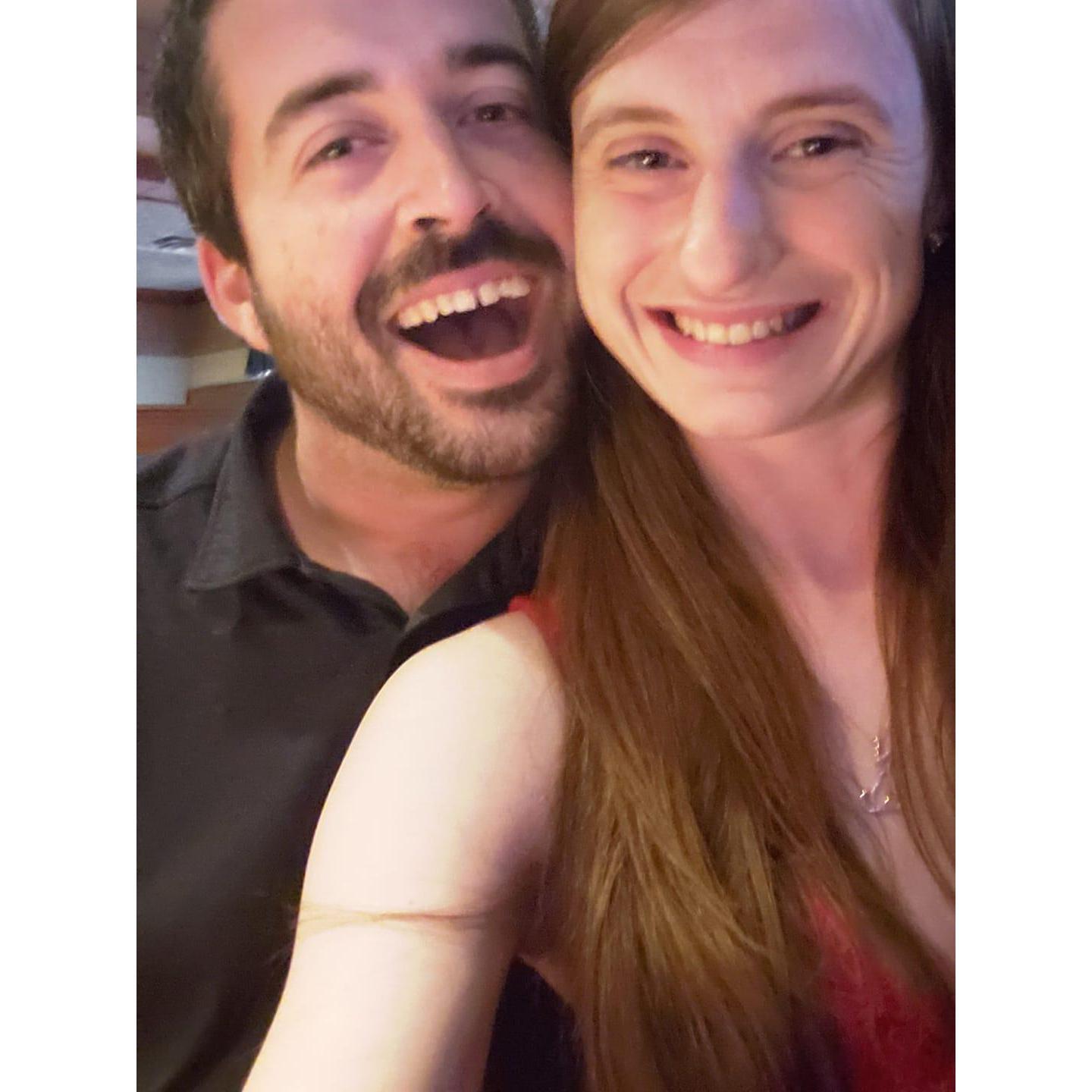 Our date at Red Lobster wearing my hot red dress he loves so much.