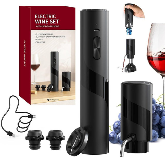 CIRCLE JOY Electric Wine Bottle Opener Set Rechargeable 7-in-1 Wine Set with Foil Cutter, Electric Wine Opener, Electric 2in-1 Wine Aerator & Pourer, Electric Vacuum Pump and 2 Wine Stoppers, Black