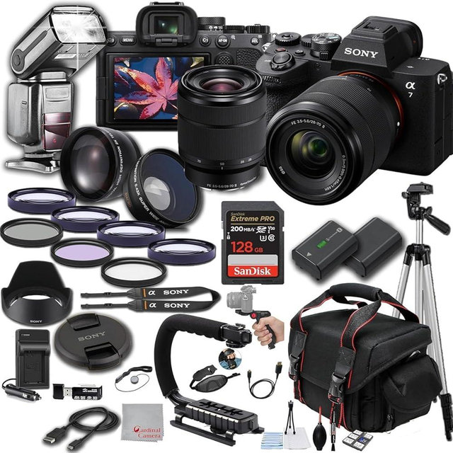 Sony A7 V Mirrorless Digital Camera 33MP w/ 28-70mm Lens, 128GB Extreme Memory, TTL Pro Flash, Filters, Lenses, Case, Tripod, Grip, and More – Pro Photo Bundle (40pc Bundle)