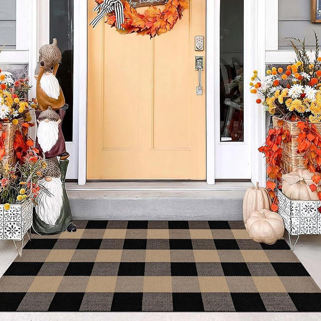 Khaki and Black Outdoor Rug 27.5''x 43.3''Checkered Layered Doormat Cotton Woven Washable Farmhouse Door Mats Outdoor for Front Porch,Entryway,Bedroom,Patio