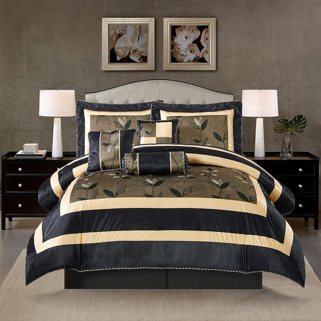 Grand Avenue Bronze Comforter Set King Size, 7 Piece Short Plush Print Bedding Set, Leaves Design, Matching Bedskirt, Pillows & Shams