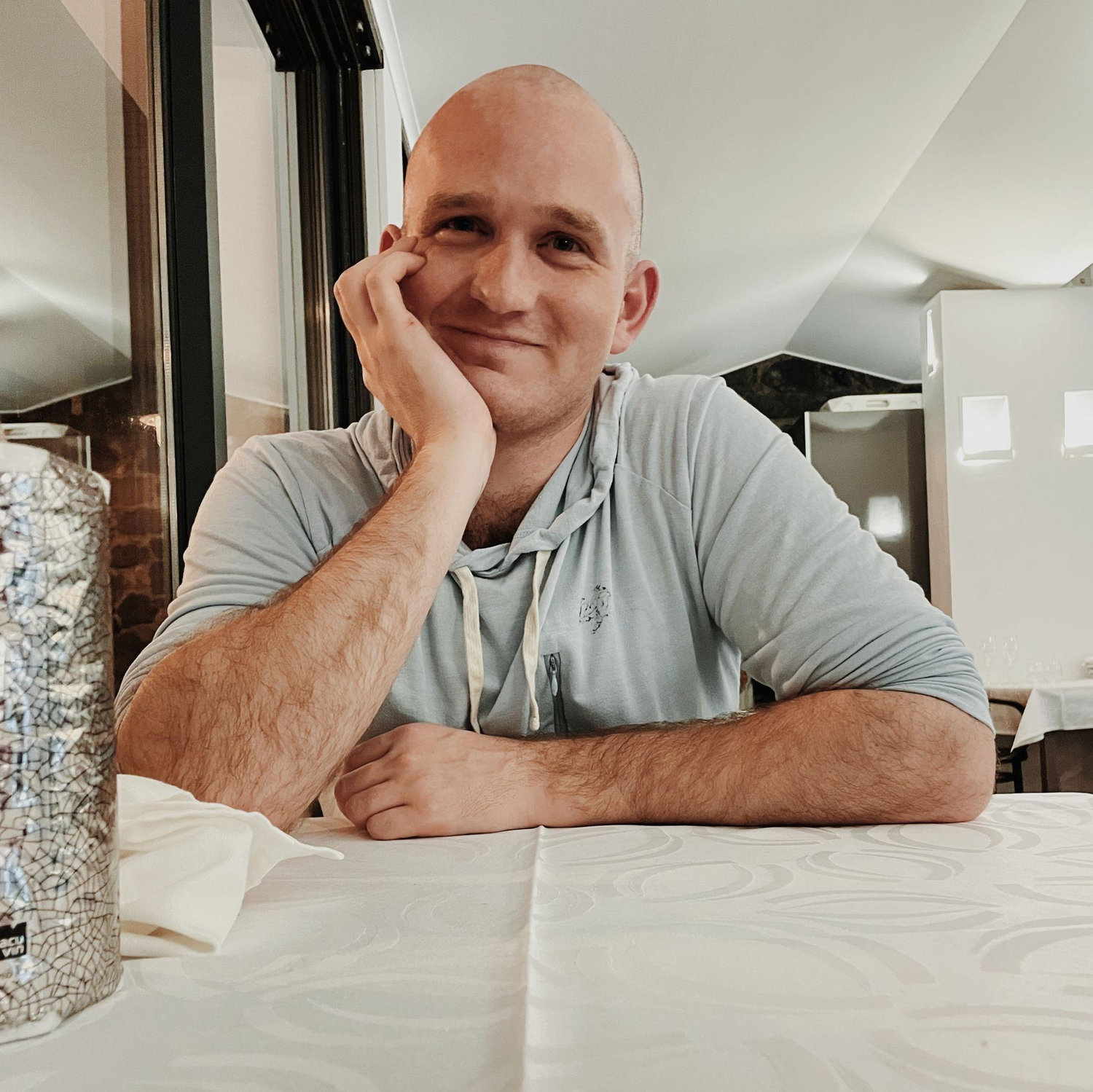This is Kati's favorite picture of Maxwell, taken having dinner at the restaurant that will host our wedding reception!