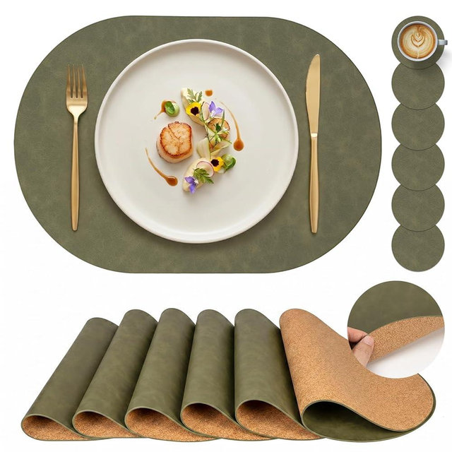 Premium Oval Faux Leather Placemat & Coaster Set with Innovative Cork-Look Printed Base，4/6/8-Piece Sets & 8 Colors，Non-Slip Dining Table Mats for Kitchen Dining
