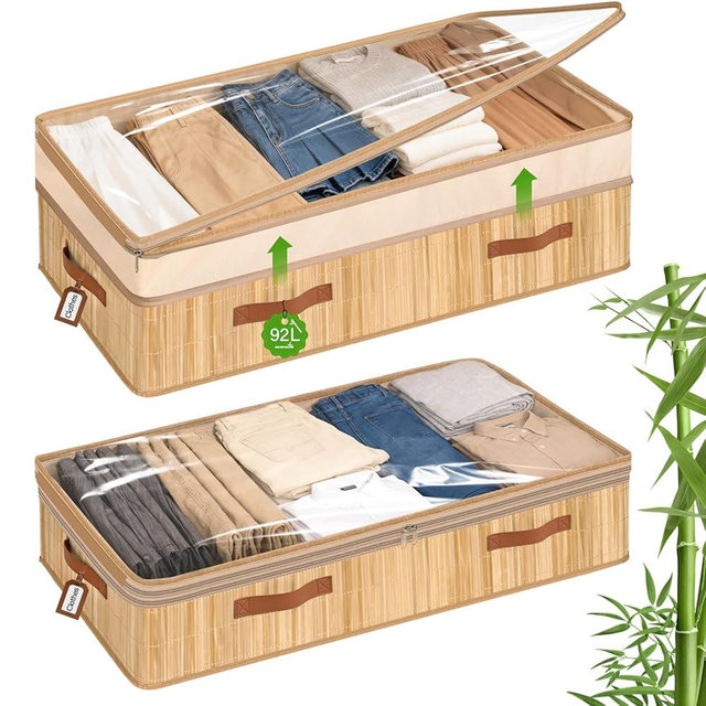 Livole 2 Pack Bamboo Under Bed Storage, 6-10 inches Height Adjustable Underbed Storage Containers, 92L XXXL Large Under Bed Storage Bins with Clear Lid & Label for Clothes, Blankets, Sweater, Shoes