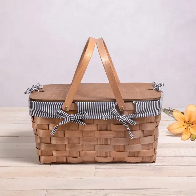 Picnic Time Kansas Handwoven Wood Picnic Basket with Navy Blue and White Stripe