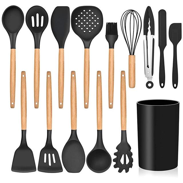 LIANYU 15-Piece Kitchen Silicone Cooking Utensils Set with Holder, Wooden Handle Kitchen Tools Include Spatula Tong Slotted Spoon Turner Whisk Brush, Black