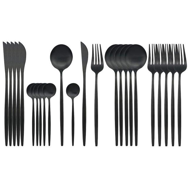 JASHII Flatware Set, 24-piece Silverware Cutlery Set with Serving Pieces, Stainless Steel Utensils, Include Knife/Fork/Spoon, Matte Finish, Dishwasher Safe, Service for 6 (Black)