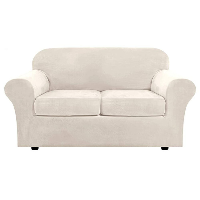 Real Velvet Plush 3 Piece Stretch Sofa Covers Couch Covers for 2 Cushion Couch Loveseat Covers (Base Cover Plus 2 Individual Cushion Covers) Feature Thick Soft Stay in Place (Medium Sofa, Ivory)