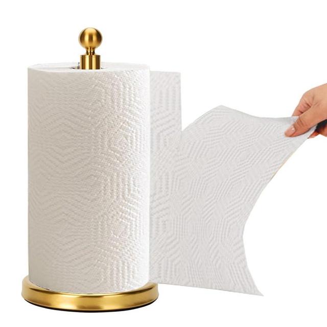 Gold Paper Towel Holder Countertop, Standing Paper Towel Roll Holder for Kitchen Bathroom, with Weighted Base for One-Handed Operation (Stainless Steel Base, Gold)