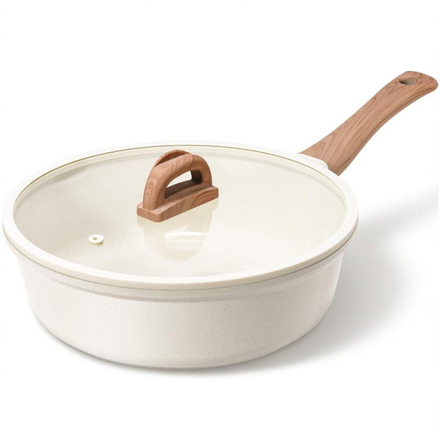 Ceramic Nonstick Frying Pan with Lid, 4.0 QT Sauté Pan Large Capacity Skillet, Non Stick Deep Frying Pan Induction Compatible White Granite Coating PFOA/PFAS Free Non-toxic Healthy Kitchen Cookware