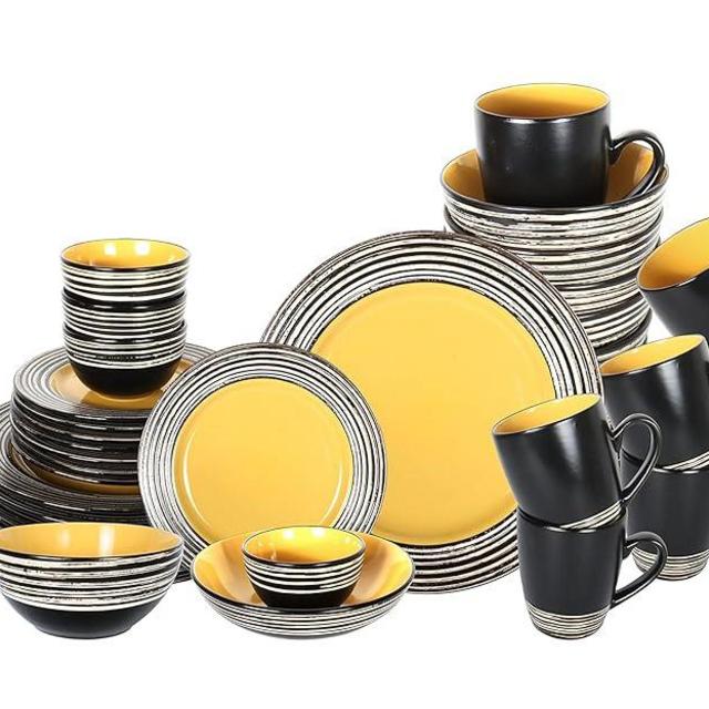 HomeVss, Stoneware Handcrafted Tree Bark Effected Glaze Dinnerware Set (Sunflower/Yellow, Service for 8-48pc Set)