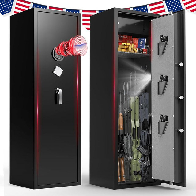 8-12 Gun Safe for Rifles and Pistols, Biometric Rifle Safe with Quick Access Fingerprint & Digital Keypad, Heavy Duty Steel Gun Cabinet with LED Light and No Assembly Required