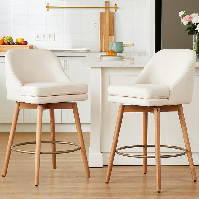 kinmars Modern Bar Stools Set of 2,Swivel Counter Height Bar Stools with Soft Upholstered Back,Thick Seat,Wooden Legs, 27" Counter Stools for Kitchen Island (Beige, 2 Pieces - 27" Counter Height)