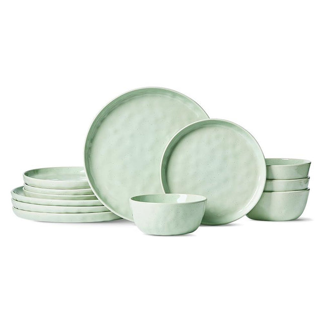 Famiware Mars Plates and Bowls Set, 12 Pieces Dinnerware Sets, Dishes Set for 4, Light Green