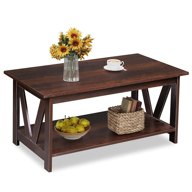 WLIVE Coffee Table with Storage Shelf, 39.4" Farmhouse Coffee Table with V-Frame Support, 2-Tier Wood Rustic Center Table for Living Room, Bedroom & Balcony, Espresso