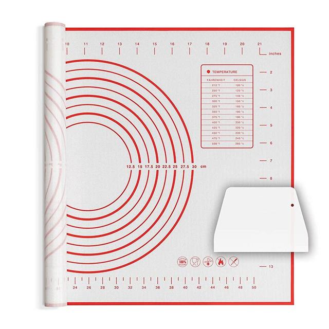 Silicone Baking Mat Non Slip Pastry Mat with Measurement Non Stick BPA Free Baking Mat Sheet for Rolling Dough Counter Cookies Pie, 24 x 16 Inches Red (with 1 Dough Scraper)