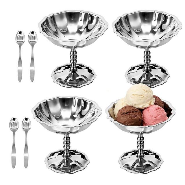 Bitwav Ice Cream Cups Set of 4 with Spoons, 4.4 oz Vintage Stainless Steel Dessert Bowls, Footed Sundae Cups for Snacks, Pudding, Yogurt & Fruit