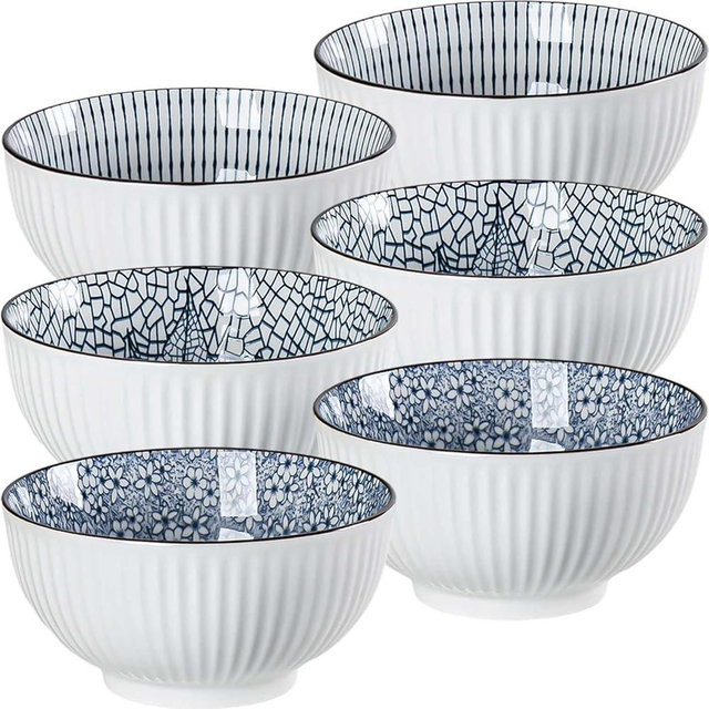 QINLANG 6 Inch Blue and White Porcelain 30 oz Bowls Set of 6 for Soup, Cereal, desserts, ice cream and Rice - Mixing Pattern