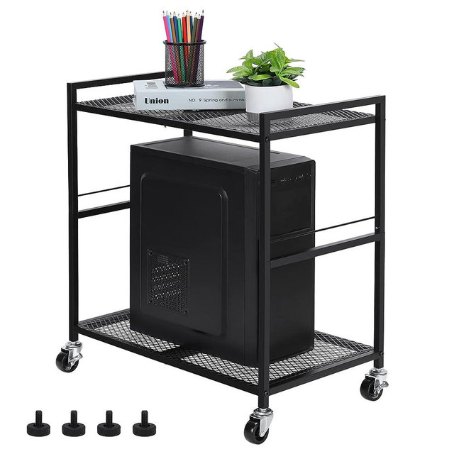 YBING Computer Tower Stand PC Tower Stand, Mobile CPU Holder Stand Cart with Caster Wheels Metal 2 Tier Rolling Printer Cart for Fax Home Office Black