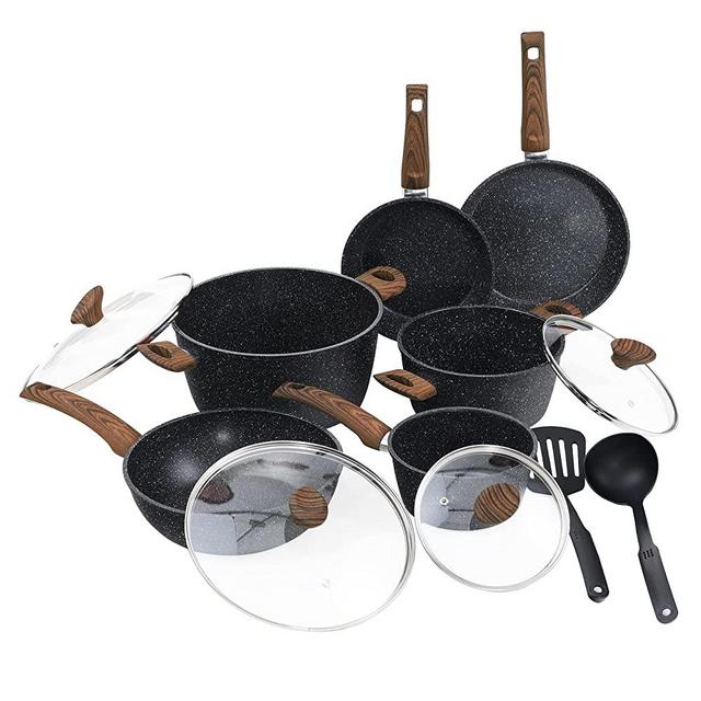 MAISON ARTS Kitchen Nonstick Cookware Sets Granite Coating Frying Pan Skillets Stock Pot, 12 Piece Induction Pan Sets Suitable for All Stoves, Dishwasher Safe