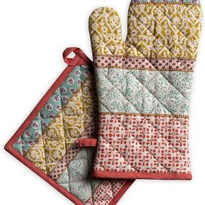 Maison d' Hermine 100% Cotton Oven Mitt & Pot Holder Set (7.5"x13" & 8"x8") Heat Resistant BBQ Cooking Gloves with Loop, Baking, Grilling, Kitchen, Handling Hot Pans Spring/Summer (Provence)