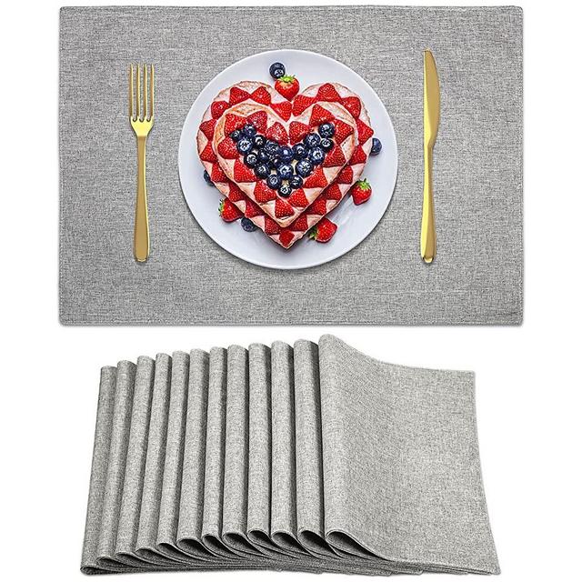 Sieral Placemats Set of 12 Dining Table Mats Heat Resistant Place Cotton Linen Machine Washable Farmhouse Dinner for Parties Buffet Banquet, 13 x 19 Inches, Light Grey