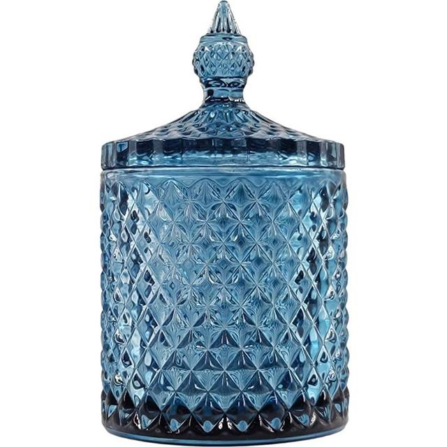 Sizikato Diamond Faceted Crystal Glass Candy Jar with Lid, 18oz Blue Decorative Jar, Nut Jar, Dried Fruit Storage Jar.