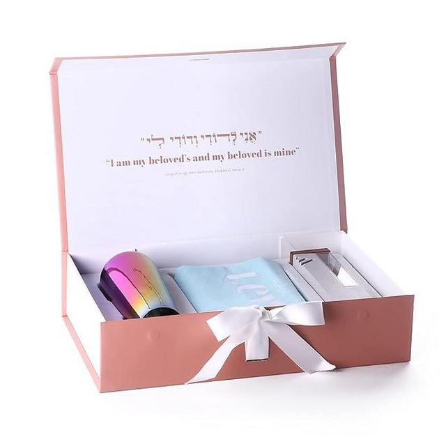 Chuppah Breaking Glass Mezuzah Kit-Jewish Wedding Engagement Gift-Keepsake with Cement Mezuzah Case, Color Glass Vessel, Pouch by Project Lev (Gray Mezuzah with Multicolor Metallic Glass)
