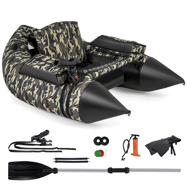Goplus Inflatable Float Tube, Fishing Belly Boat with Fish Ruler, Pump, Storage Bag, Adjustable Straps, Fishing Float Tube for Angling, 350LBS Load Capacity
