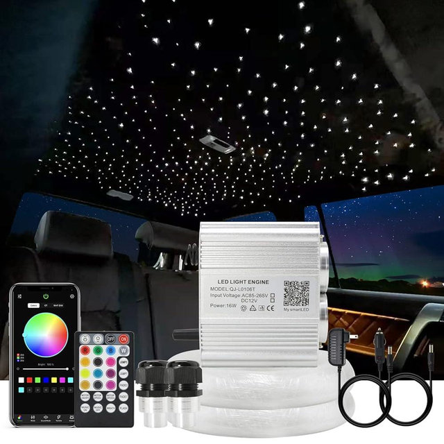 AKEPO Car Home Use APP Control Twinkle Fiber Optic Light Kit, 16W RGBW Dual Head Twinkle + Music Mode Star Ceiling Sky Light with 600 Strands 0.03in/0.75mm 9.8ft/3m Optical Fiber Cable