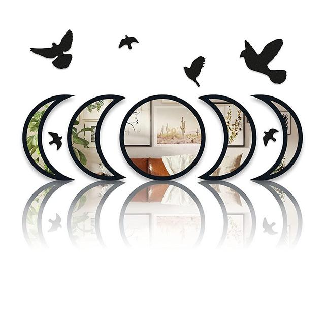 NESHE Moon Phase Mirror Set with Birds | Scandinavian Natural Home Boho Wall Decor | Aesthetic Witchy Bohemian Indoor Gothic Art Decorations for Living Room Bedroom Apartment Farmhouse Acrylic (Black)