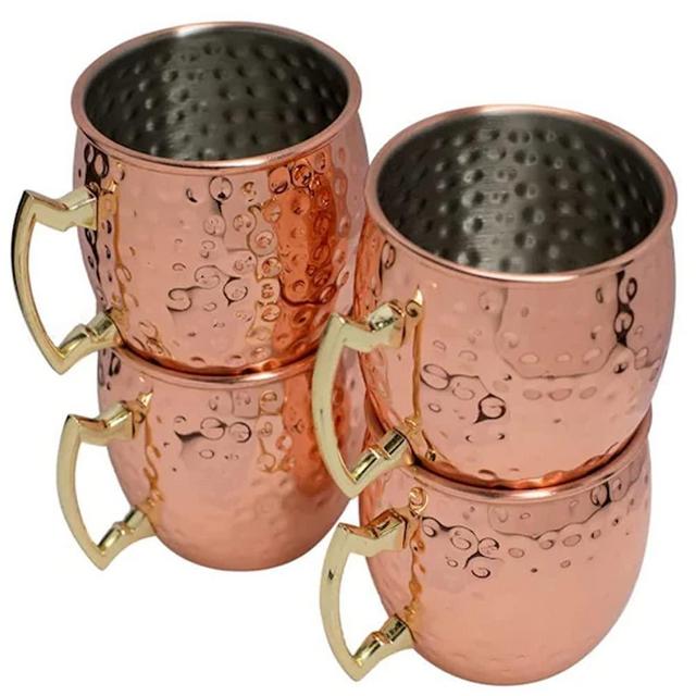 B. WEISS Moscow Mule Copper Mugs, Set of 4 Hammered Cups, Stainless Steel Lining, Gold Brass Handles Pure Copper Plating