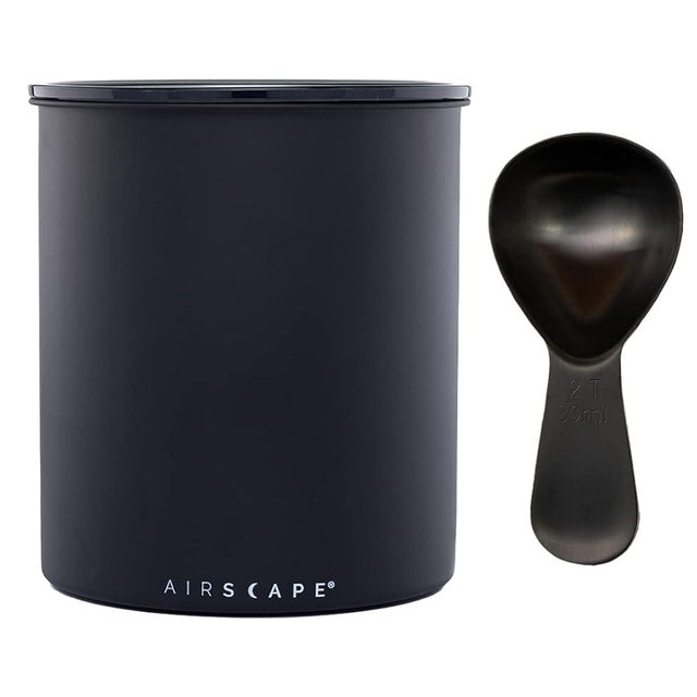 Airscape Kilo Coffee Storage Canister & Scoop Bundle - Large Food Container - US Patented Airtight Lid 2-Way Valve Preserve Food Freshness, 2.2 lb Dry Beans (Large Matte Black & Brushed Black Scoop)