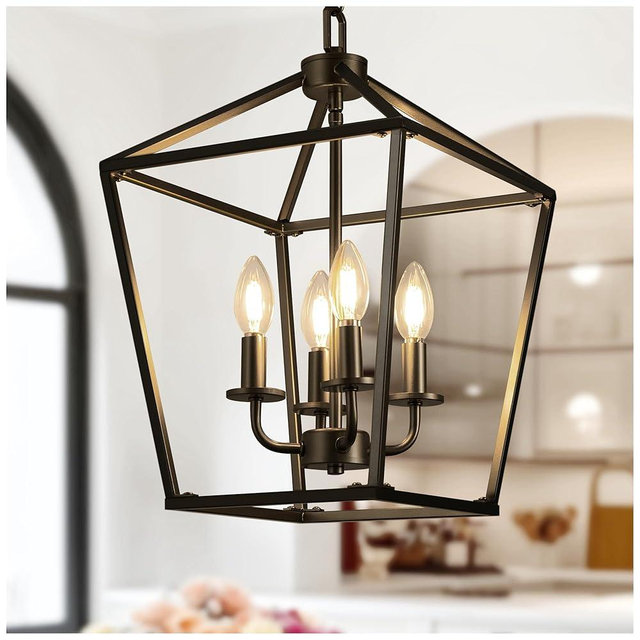 L LOHAS LED Black Farmhouse Chandelier, Industrial 4-Light Lantern Chandelier for Dining Room Lighting Fixtures, Adjustable Height Metal Cage Chandelier for Kitchen Island, Entryway, E12