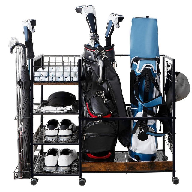 OEERDER Golf Bag Organizer for Garage, Golf Accessories for Men Women, Golf Bag Stand, Golf Storage Organizer with 2 Hooks, Storage Rack for 2 Golf Bags, Sports Equipment Organize, Golf Club Holder