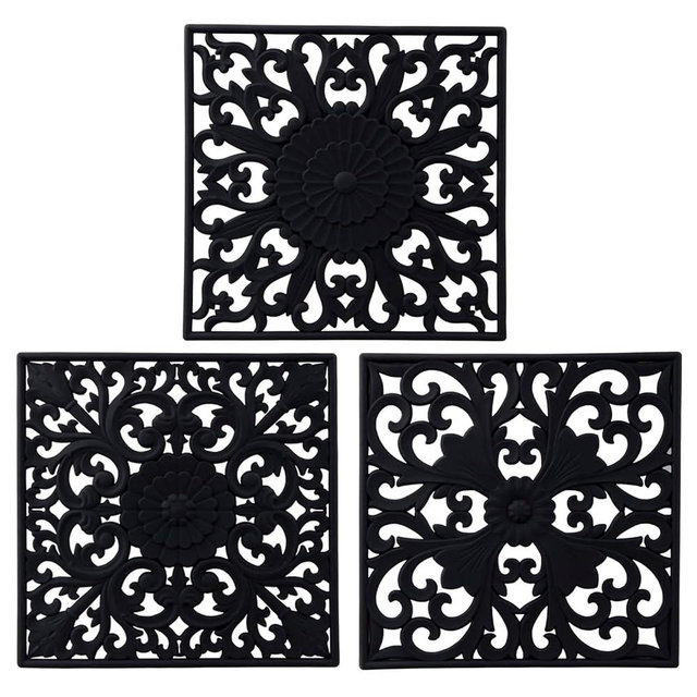 Zoyizi Trivets for Hot Pots and Pans, Square Silicone Hot Pads for Kitchen, Flexible Silicone Pot Holder for Table, Non-Slip Heat Resistant Trivets for Hot Dishes, Silicone Trivets Mats Set 3 Black