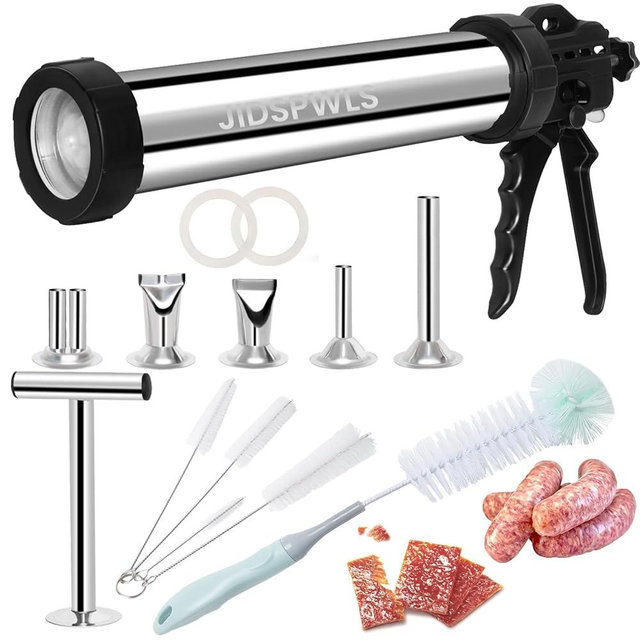 2.1 LB Professional 304 Stainless Steel Jerky Gun Kits, Sausage Stuffer, Jerky Maker, Jerky Shooter, Beef Jerky Making Gun with 5 Nozzles, 1 meat pusher and 5 Cleaning Brushes