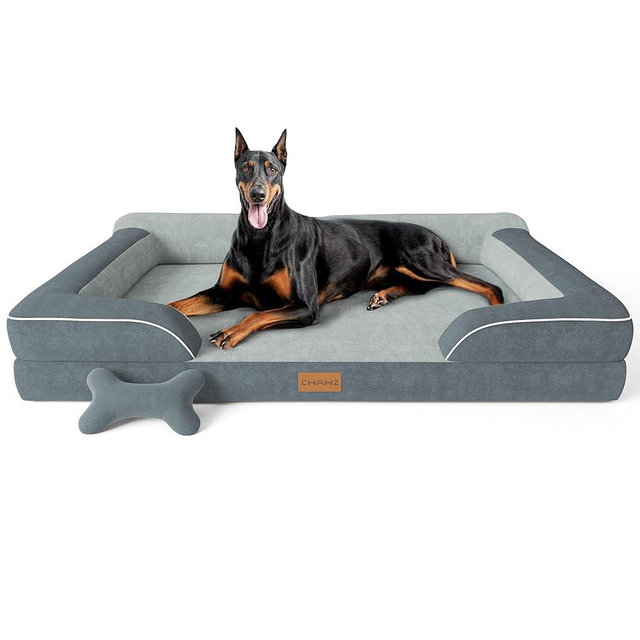 CWAWZ XXL Dog Bed for Extra Large Dogs, Giant Orthopedic Dog Beds with Cooling Gel Memory Foam, Waterproof Pet Bed with Removable Washable Cover, 53" Pet Sofa Bed Velvet with Bone Toy, Dark Gray